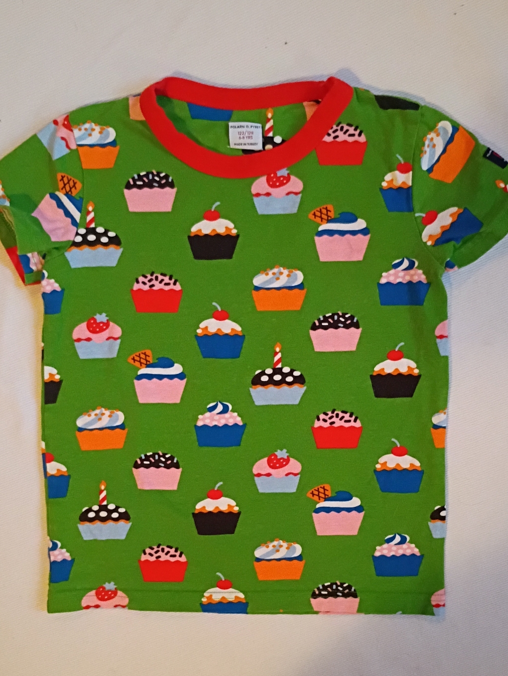 Polarn O. Pyret Green Cupcake Print Tee with Red Trim